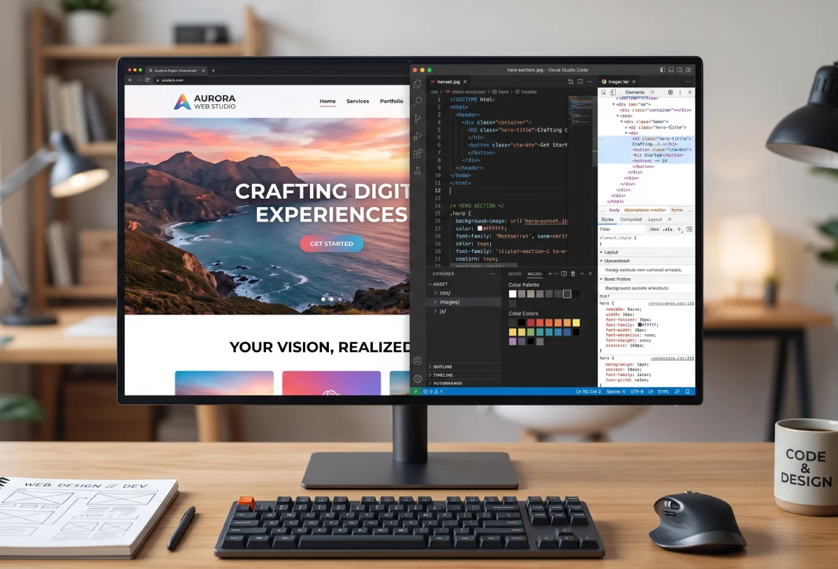 Illustratie van een computerscherm met een websitelay-out naast een code-editor
