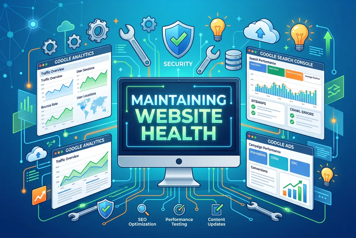 Illustratie met de titel Maintaining Website Health, met dashboards van Google Analytics en Search Console
