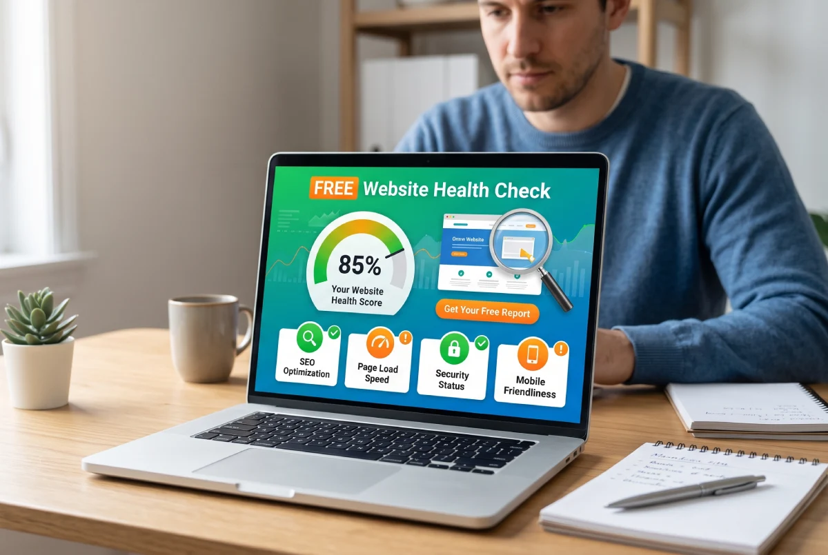 Illustratie van een laptop met een gratis websitecheck en een score van 85 procent