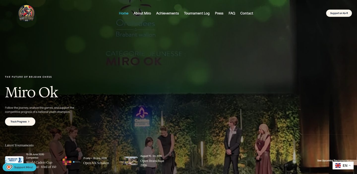 mirook.com homepage, the hero section of the chess champion website built and optimized by Baver Ok