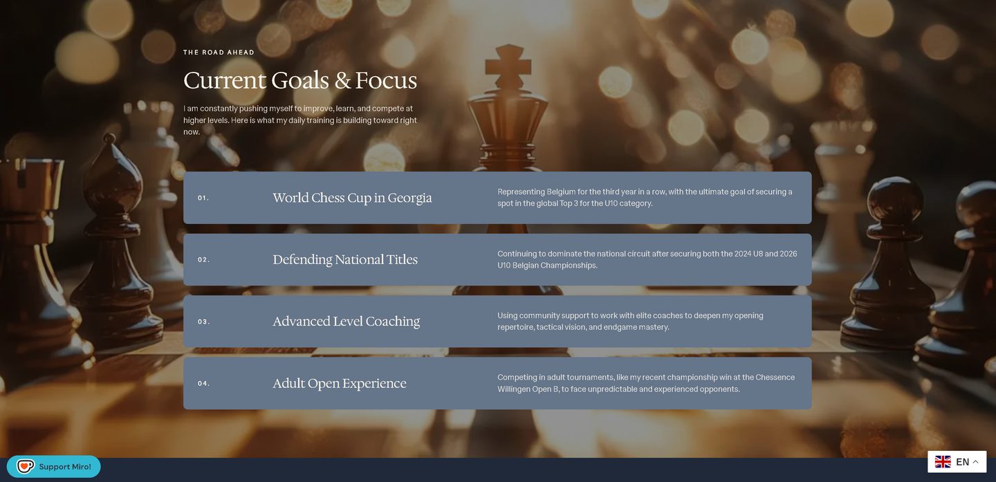 The Current Goals and Focus section on mirook.com, showing a numbered content layout