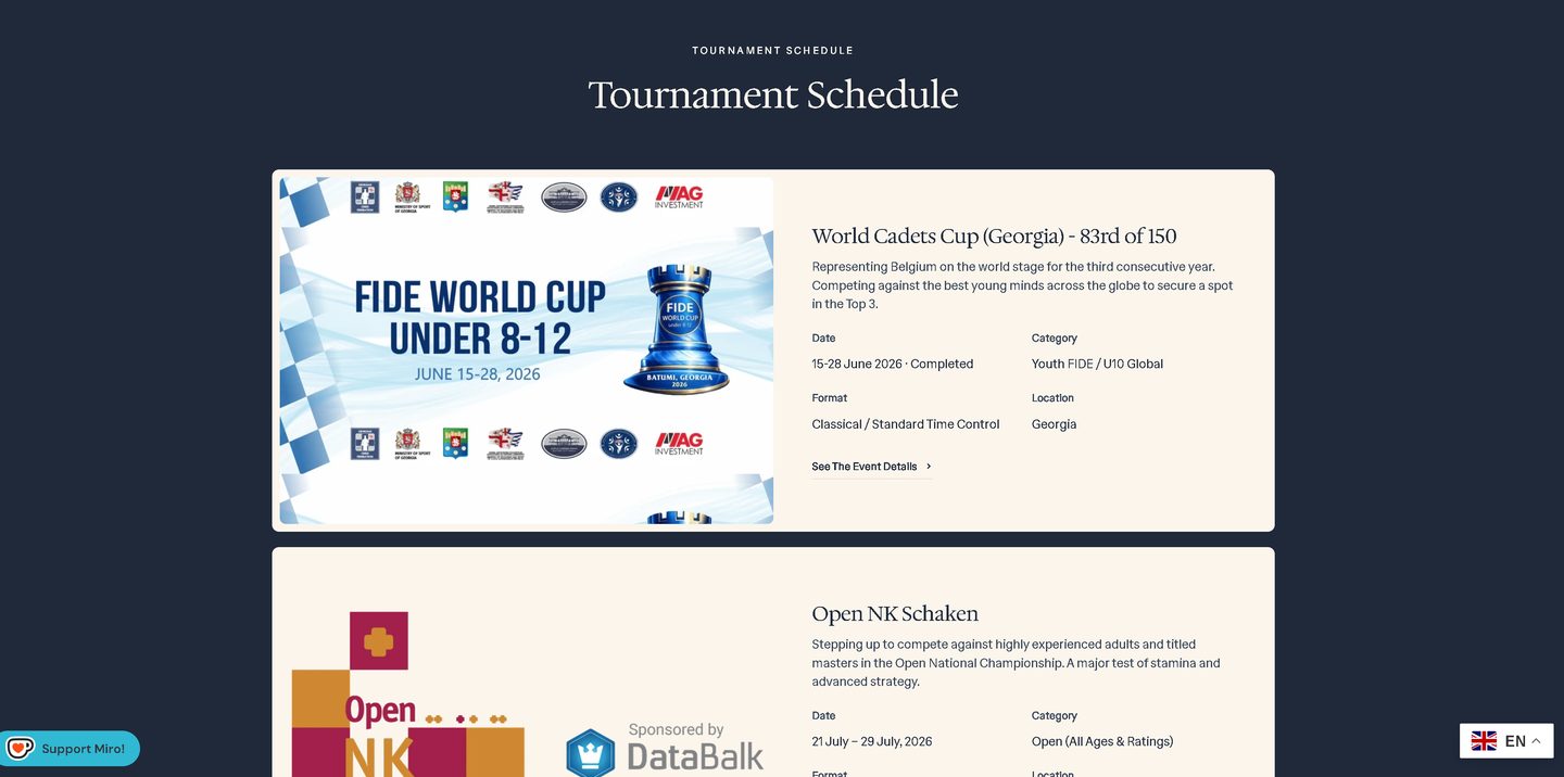 The tournament schedule page on mirook.com, with structured event cards marked up as SportsEvent data