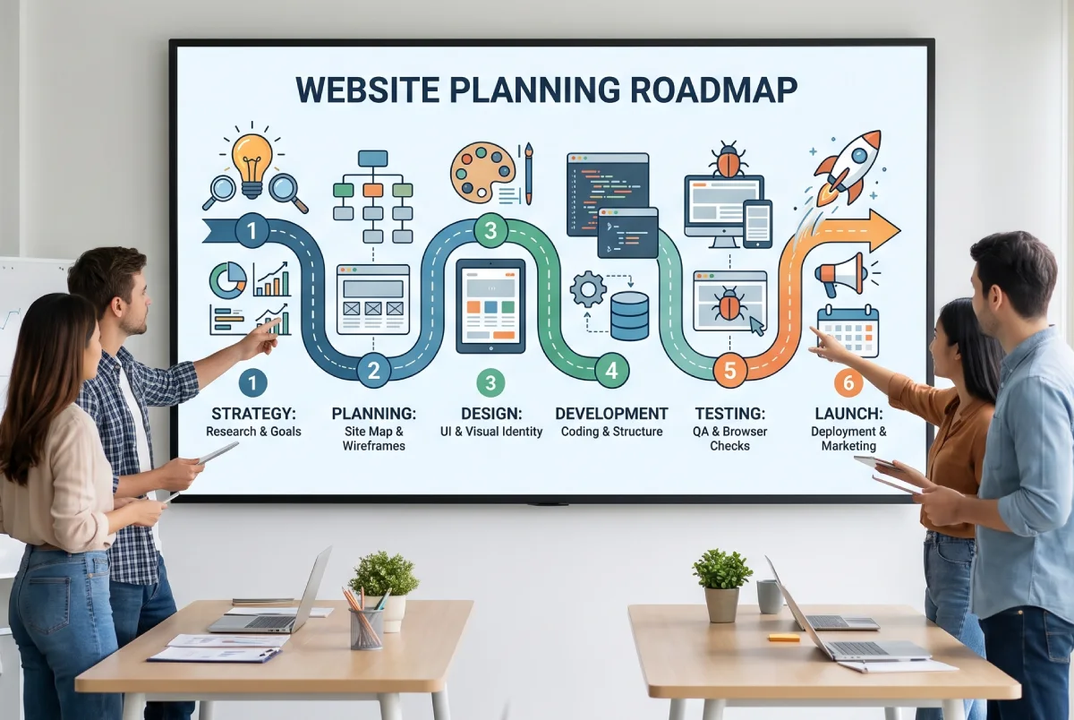 Illustratie van een team voor een stappenplan in zes stappen voor een website, van strategie tot lancering